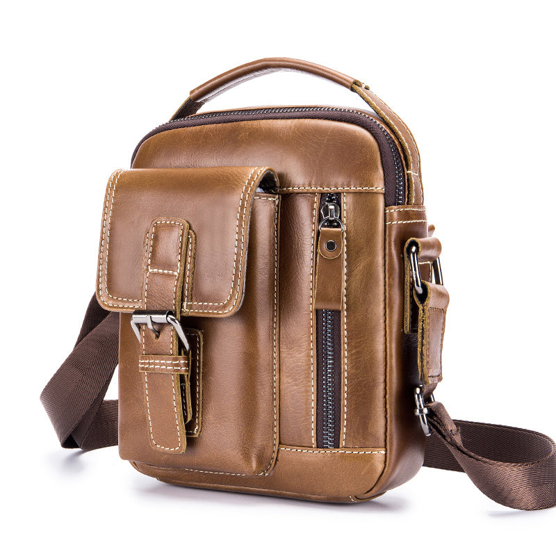Cowhide Boy Satchel, Retro Casual Vertical Messenger Bag