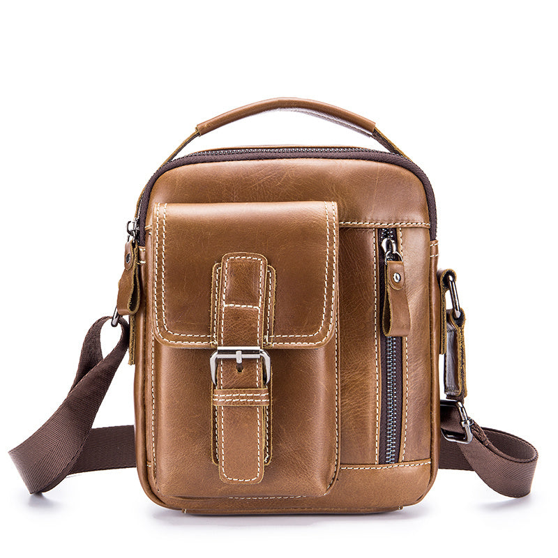 Cowhide Boy Satchel, Retro Casual Vertical Messenger Bag