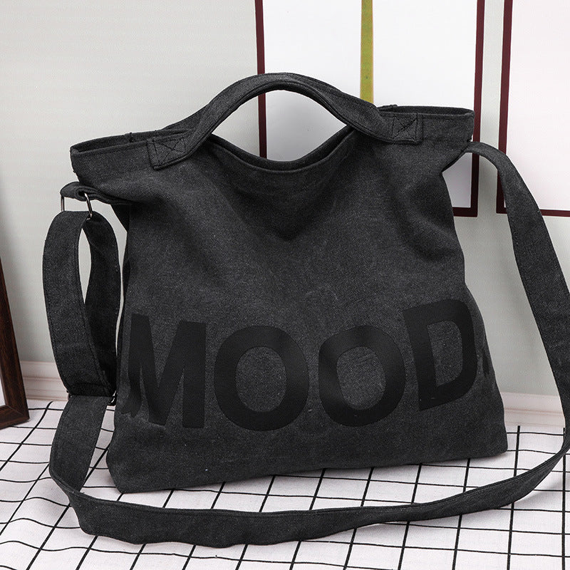 Letter Printed Canvas Tote Bag, Large Capacity Student Book Bag