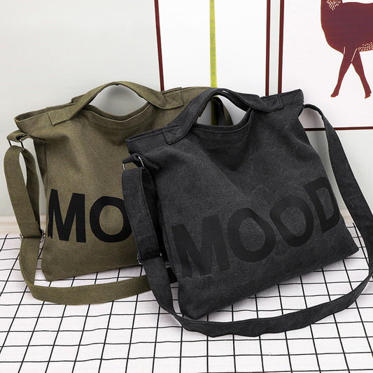 Letter Printed Canvas Tote Bag, Large Capacity Student Book Bag