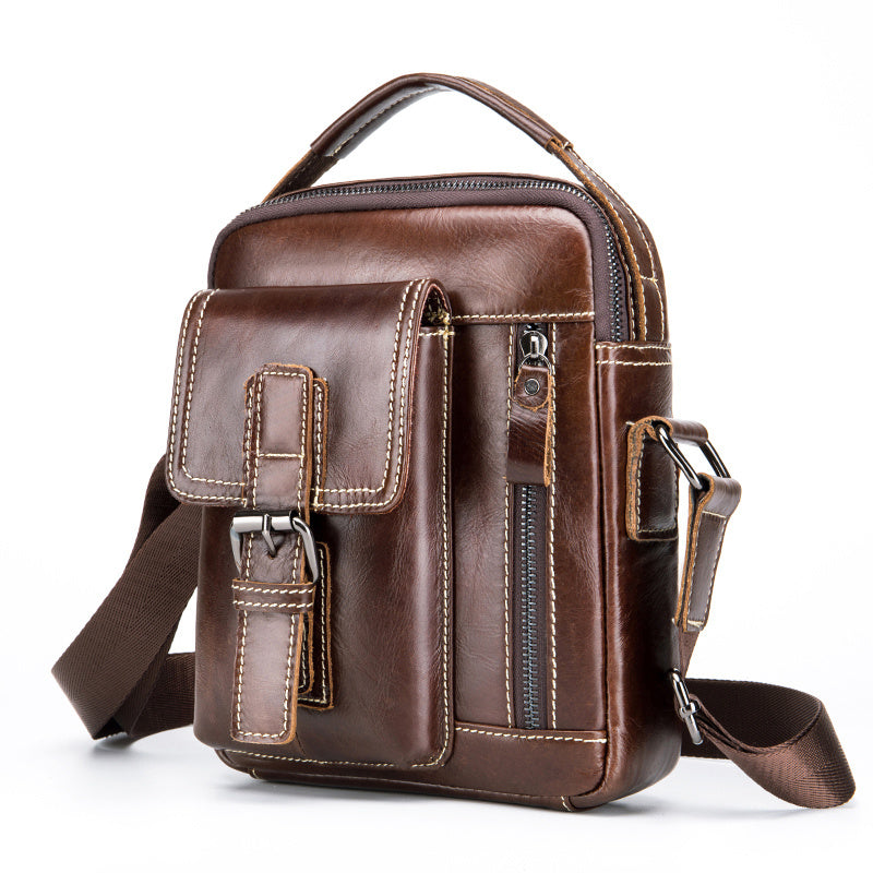 Cowhide Boy Satchel, Retro Casual Vertical Messenger Bag