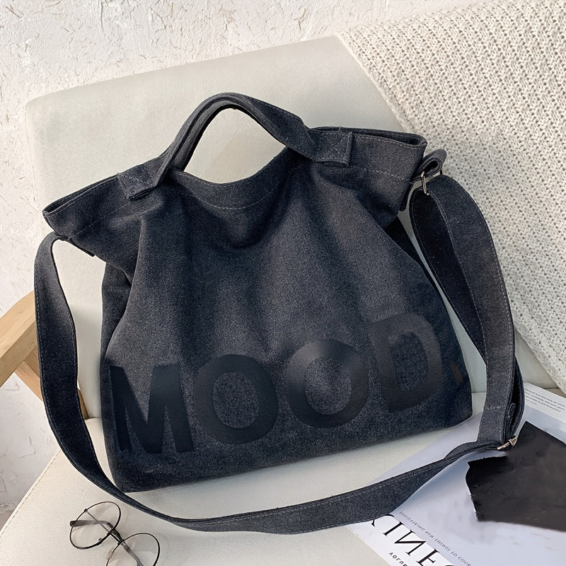 Letter Printed Canvas Tote Bag, Large Capacity Student Book Bag