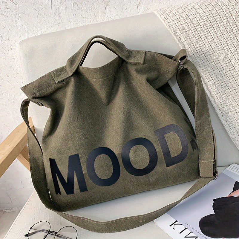 Letter Printed Canvas Tote Bag, Large Capacity Student Book Bag