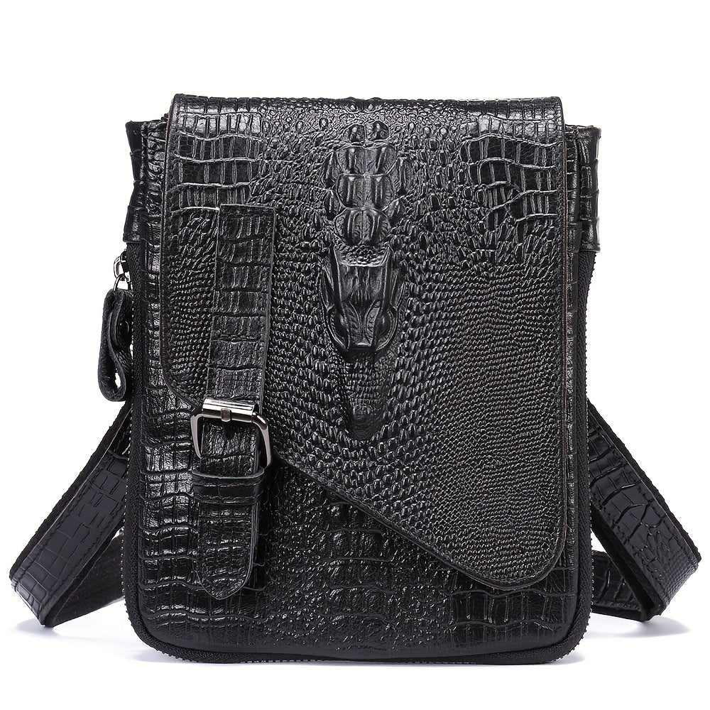 Crocodile Pattern Leather Messenger Bag, Retro Multi-Functional Bag