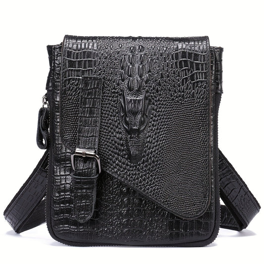 Crocodile Pattern Leather Messenger Bag, Retro Multi-Functional Bag