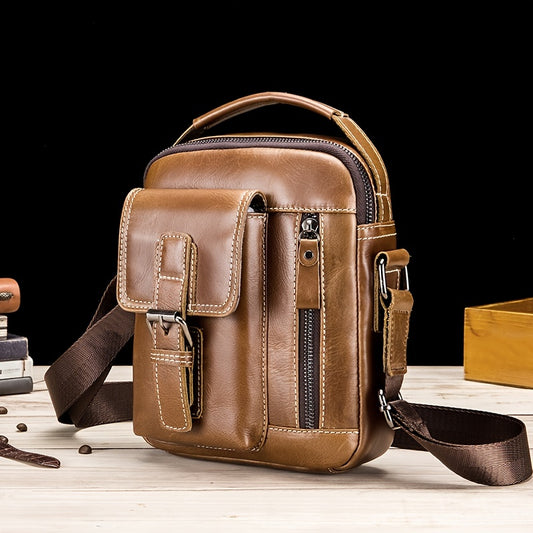 Cowhide Boy Satchel, Retro Casual Vertical Messenger Bag