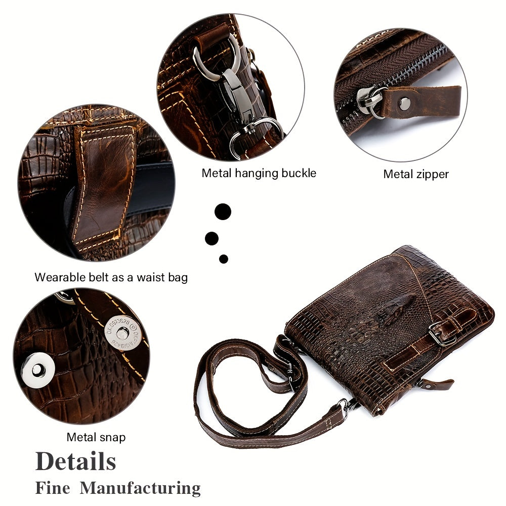 Crocodile Pattern Leather Messenger Bag, Retro Multi-Functional Bag