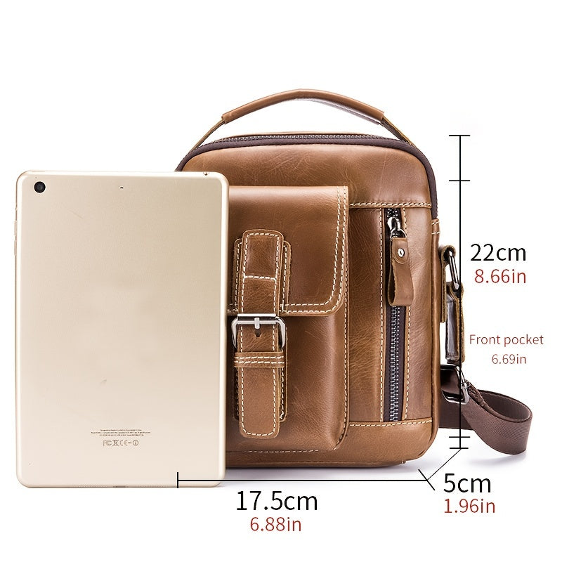 Cowhide Boy Satchel, Retro Casual Vertical Messenger Bag