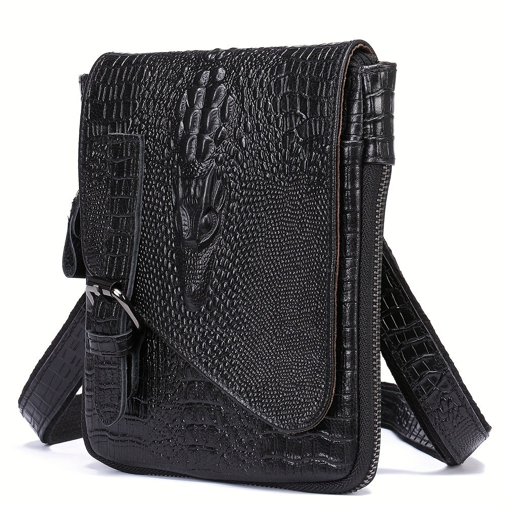 Crocodile Pattern Leather Messenger Bag, Retro Multi-Functional Bag