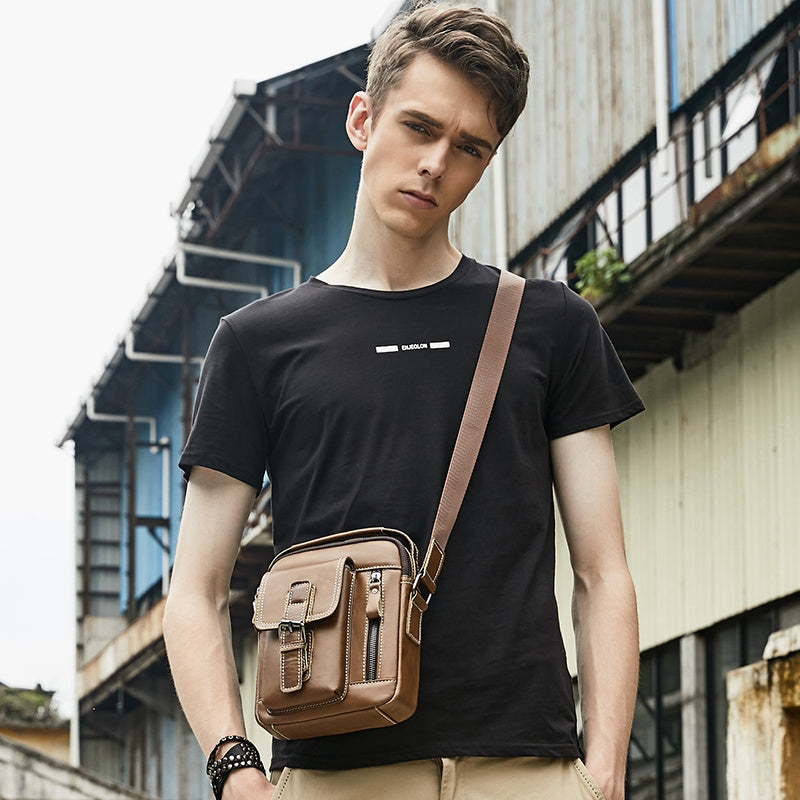 Cowhide Boy Satchel, Retro Casual Vertical Messenger Bag