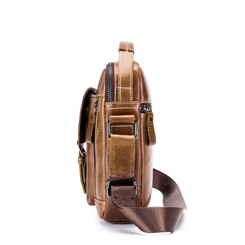 Cowhide Boy Satchel, Retro Casual Vertical Messenger Bag