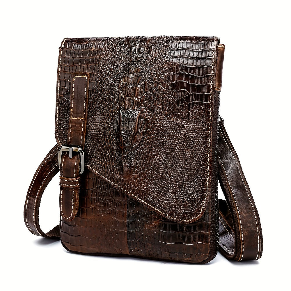 Crocodile Pattern Leather Messenger Bag, Retro Multi-Functional Bag