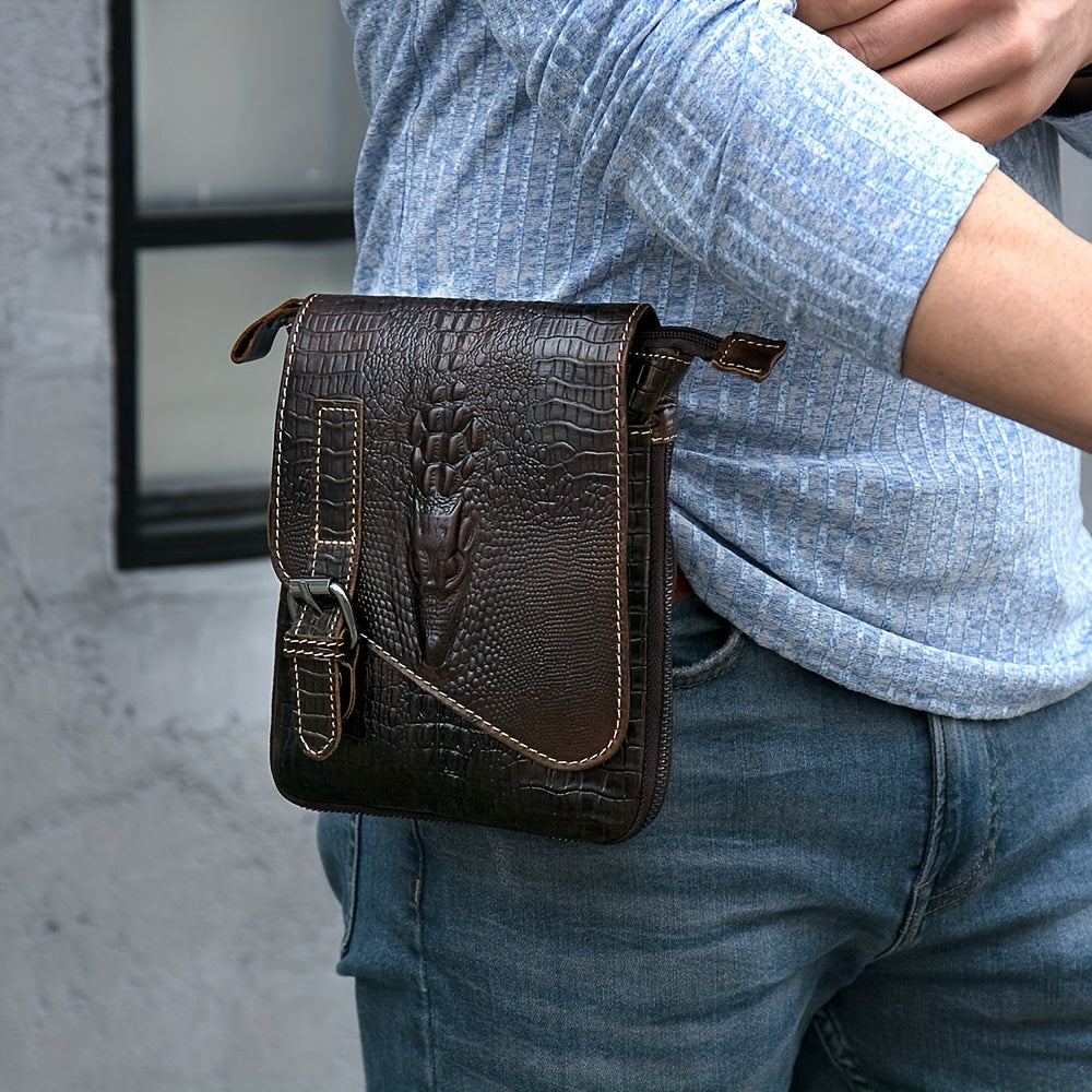 Crocodile Pattern Leather Messenger Bag, Retro Multi-Functional Bag