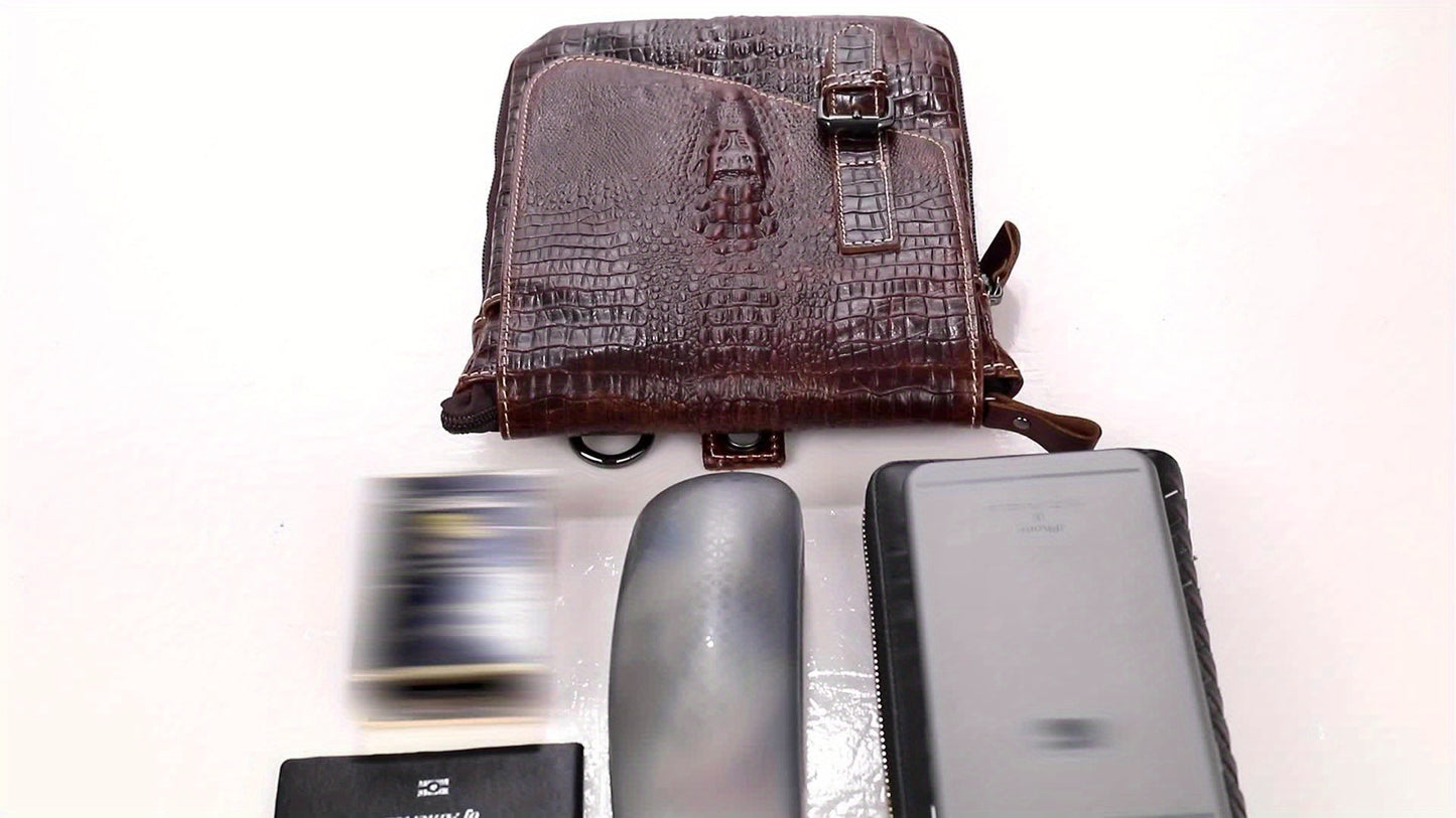 Crocodile Pattern Leather Messenger Bag, Retro Multi-Functional Bag