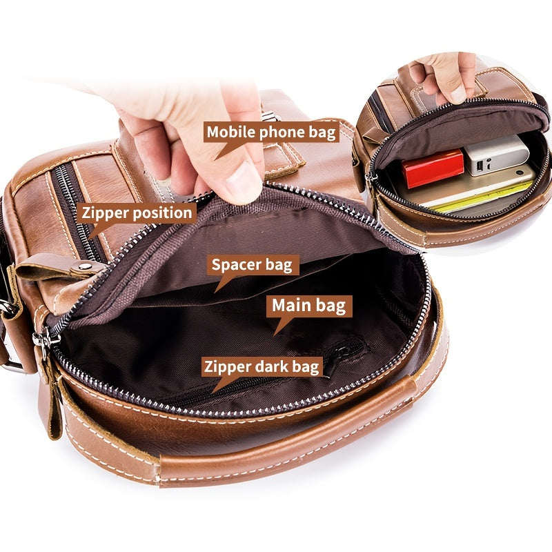 Cowhide Boy Satchel, Retro Casual Vertical Messenger Bag