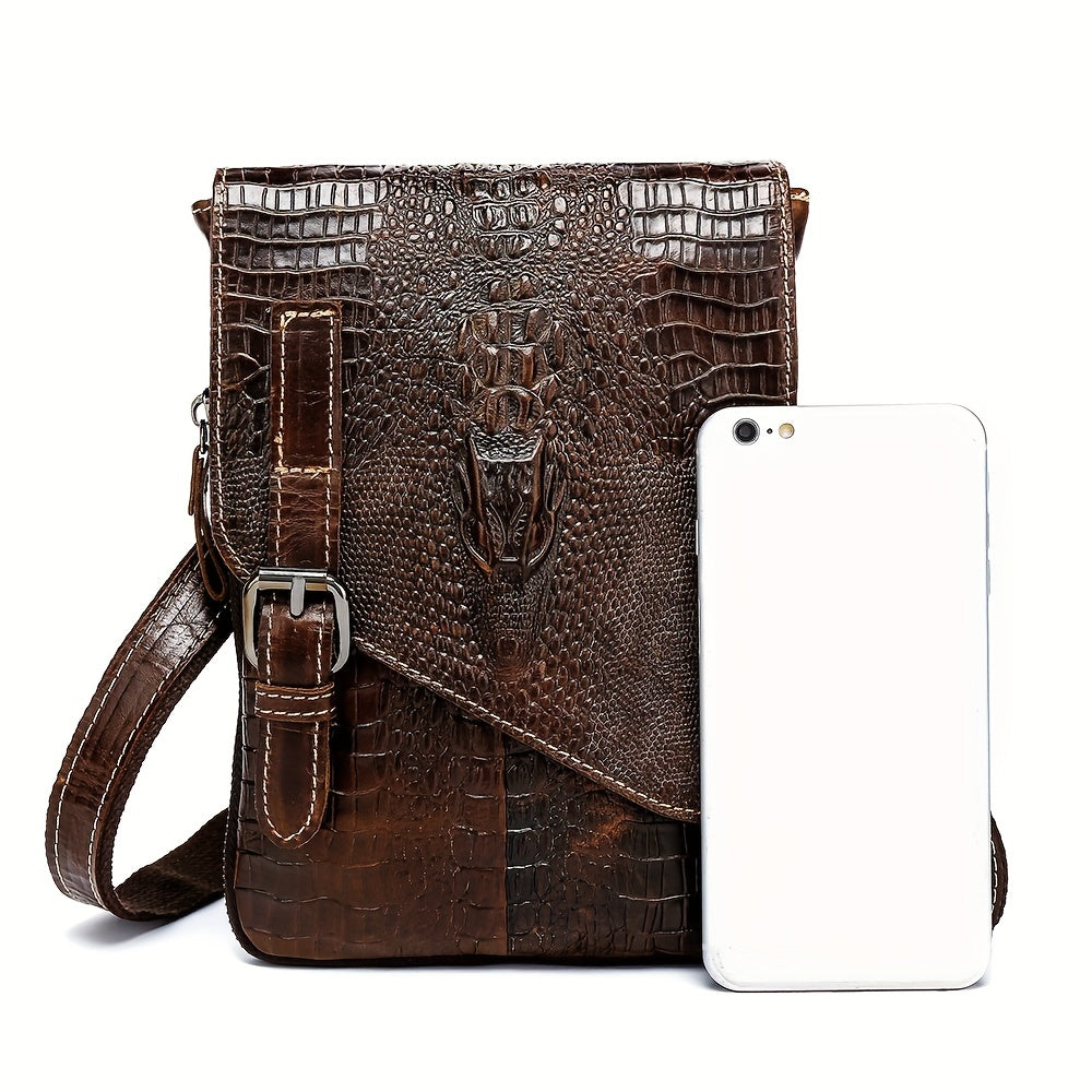 Crocodile Pattern Leather Messenger Bag, Retro Multi-Functional Bag