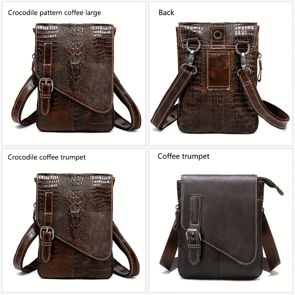 Crocodile Pattern Leather Messenger Bag, Retro Multi-Functional Bag